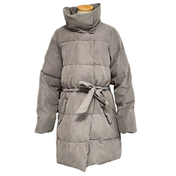 ICHI Puffer Trench Coat Square Tie Brown Size Medium M - Picture 1 of 16